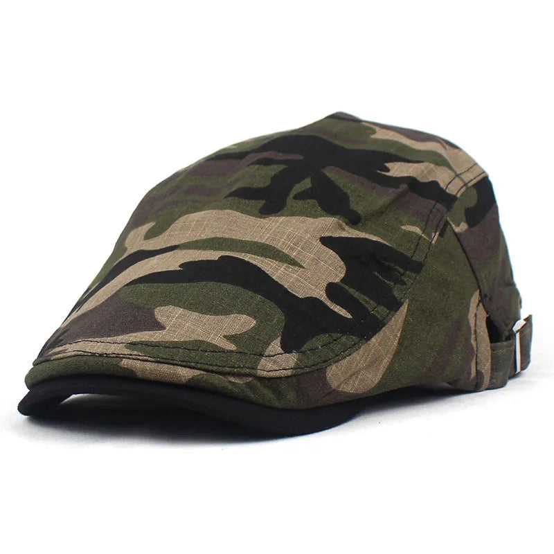 Men's Green Camouflage Flat Cap in Cotton