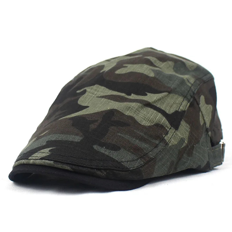Men's Green Camouflage Flat Cap in Cotton